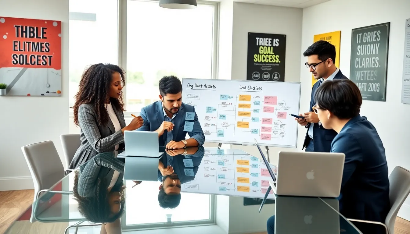 diverse team collaborating on goal setting in a modern office.