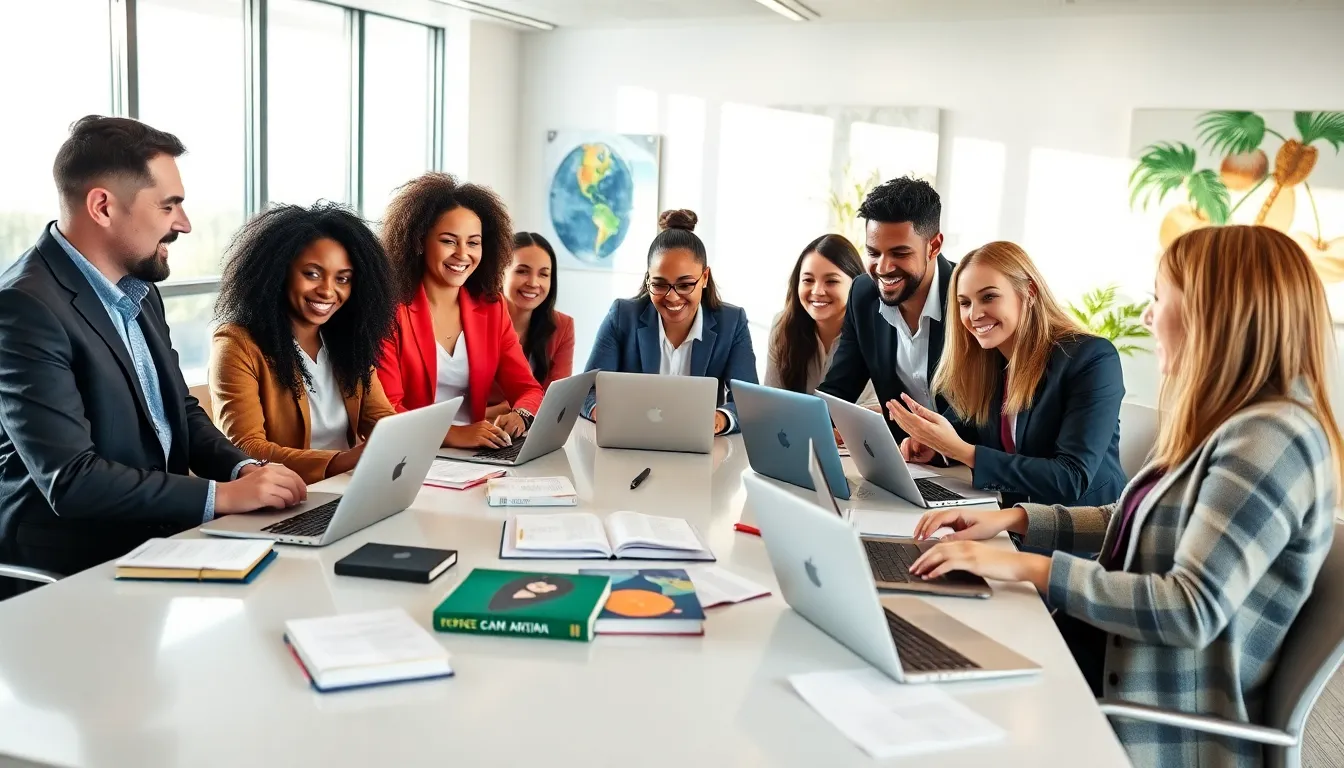 diverse professionals discussing personal development in a modern office.