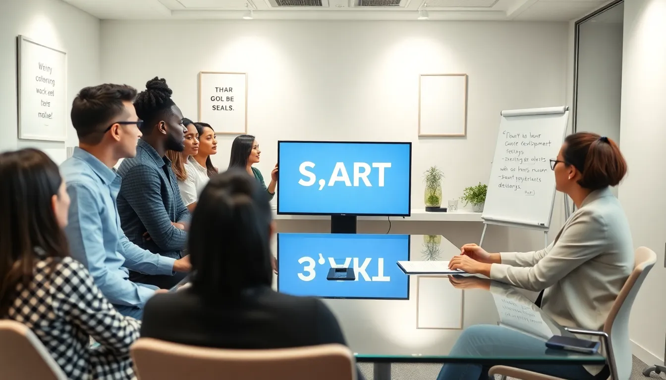 diverse team discussing personal development strategies in a modern office.