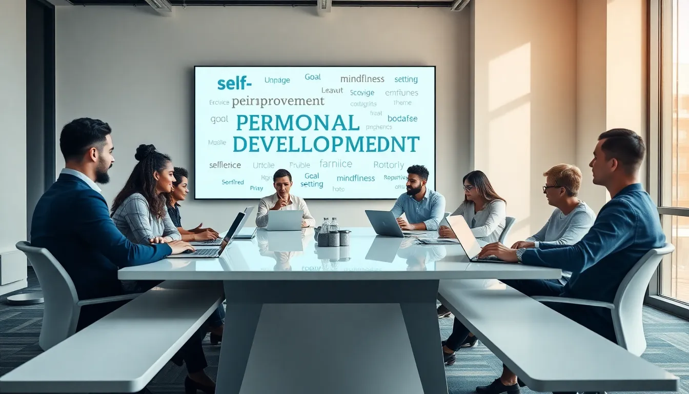 diverse team discussing personal development keywords in a modern office.