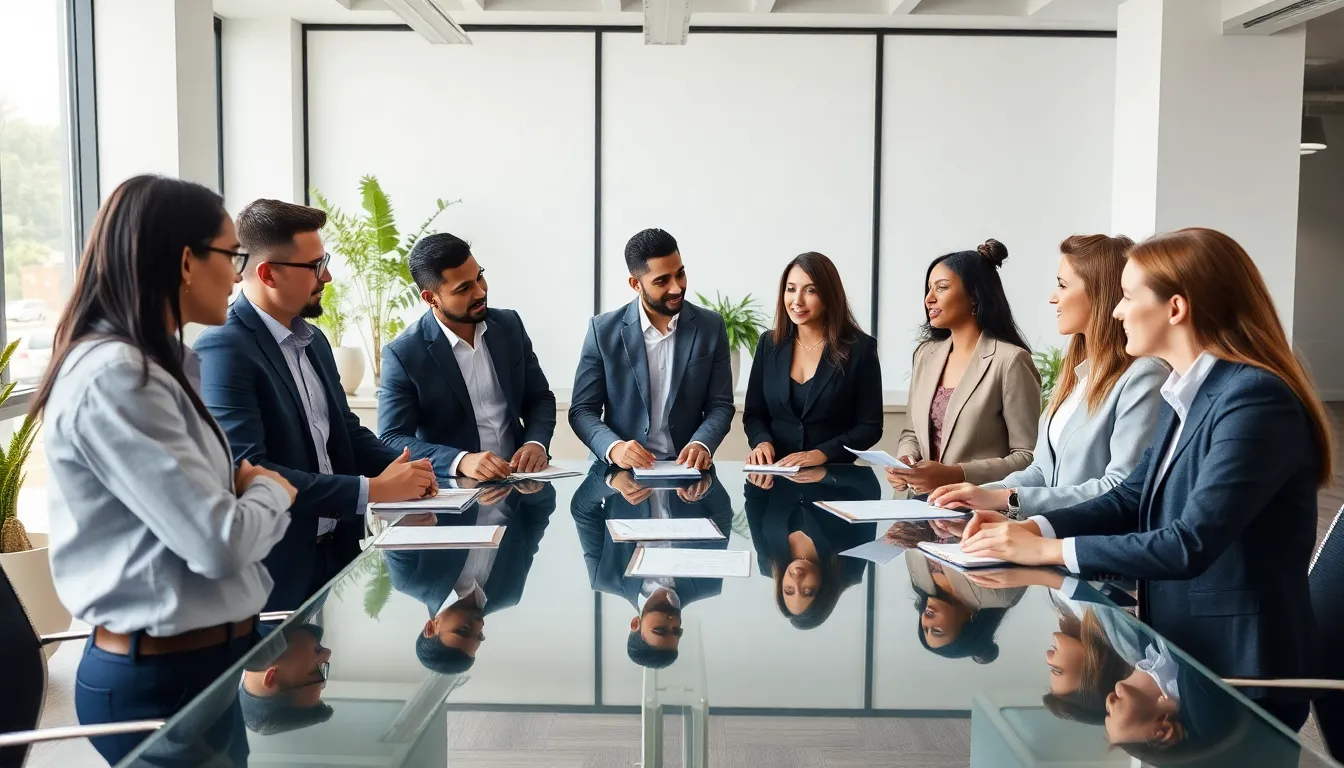 diverse team discussing language and hyphenation in a modern office.