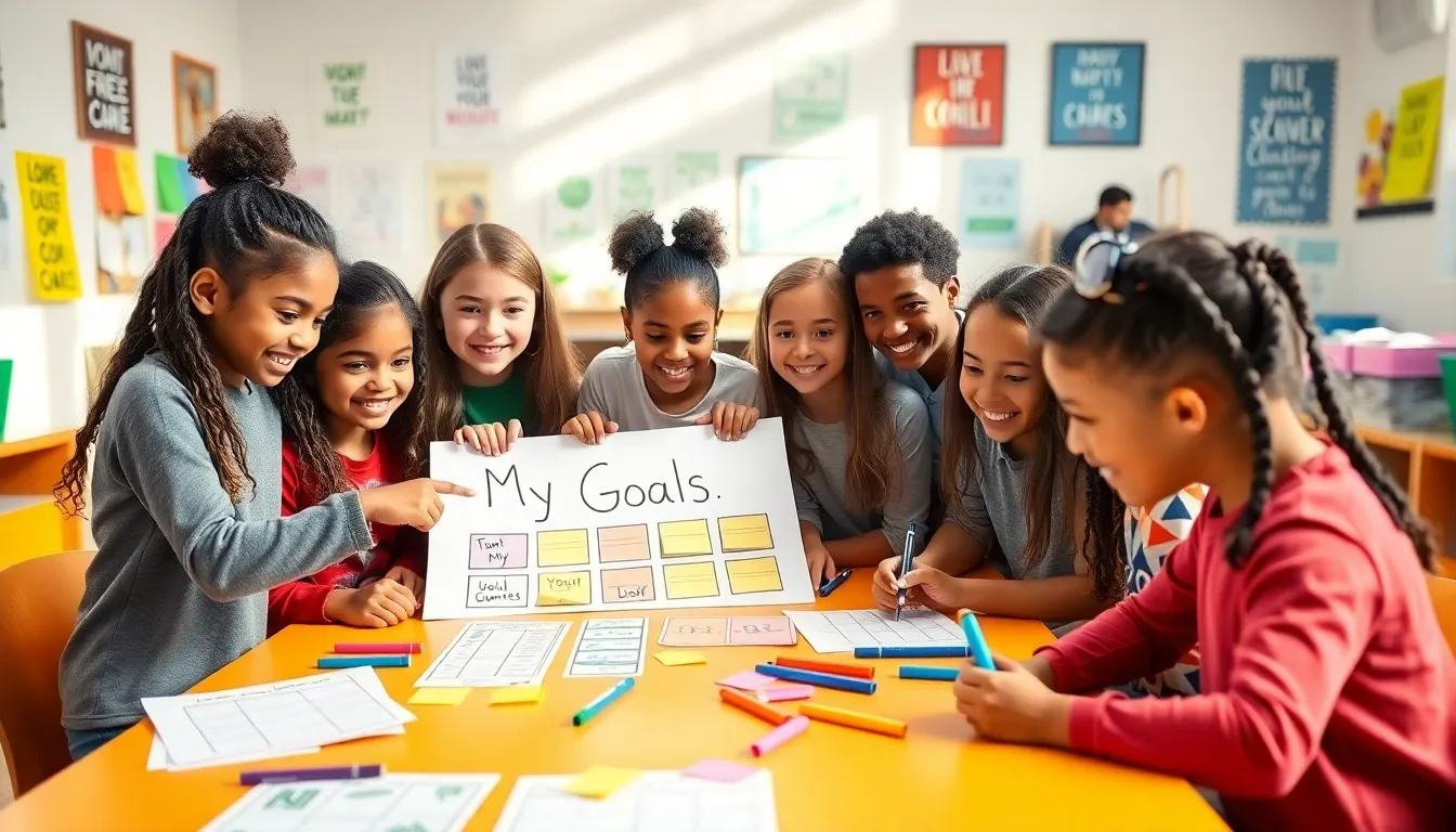 children collaborating on goal-setting activities in a colorful classroom.