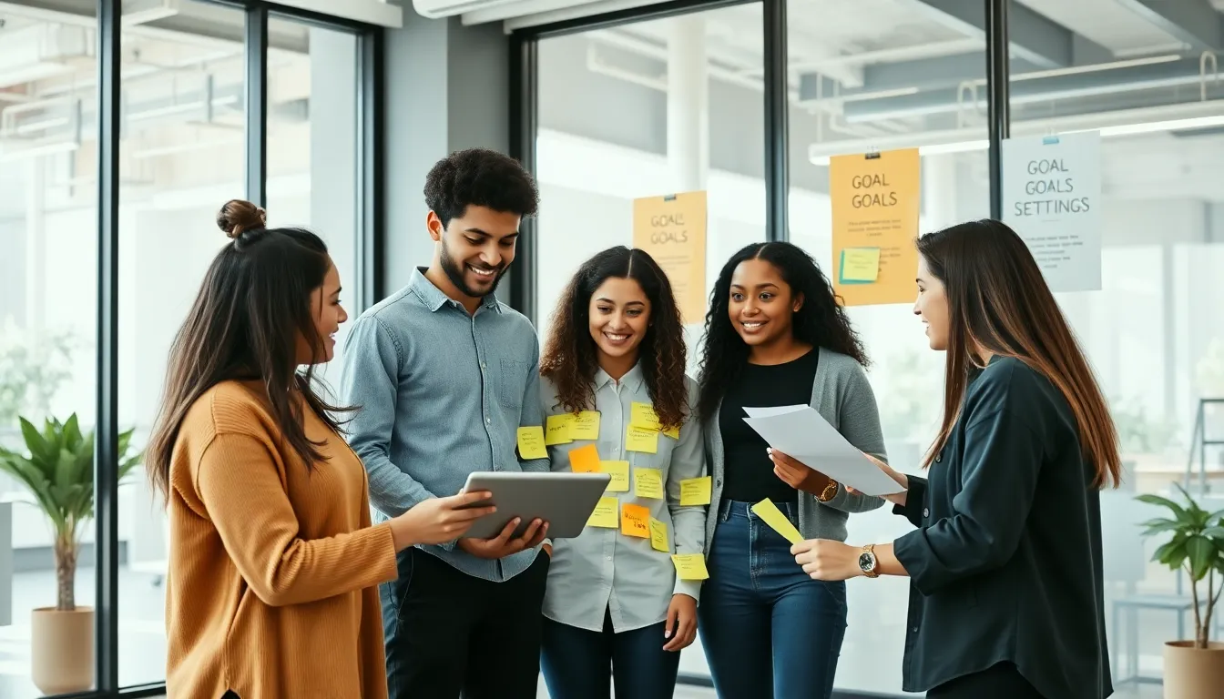 young adults collaborating on goal setting in a modern workspace.