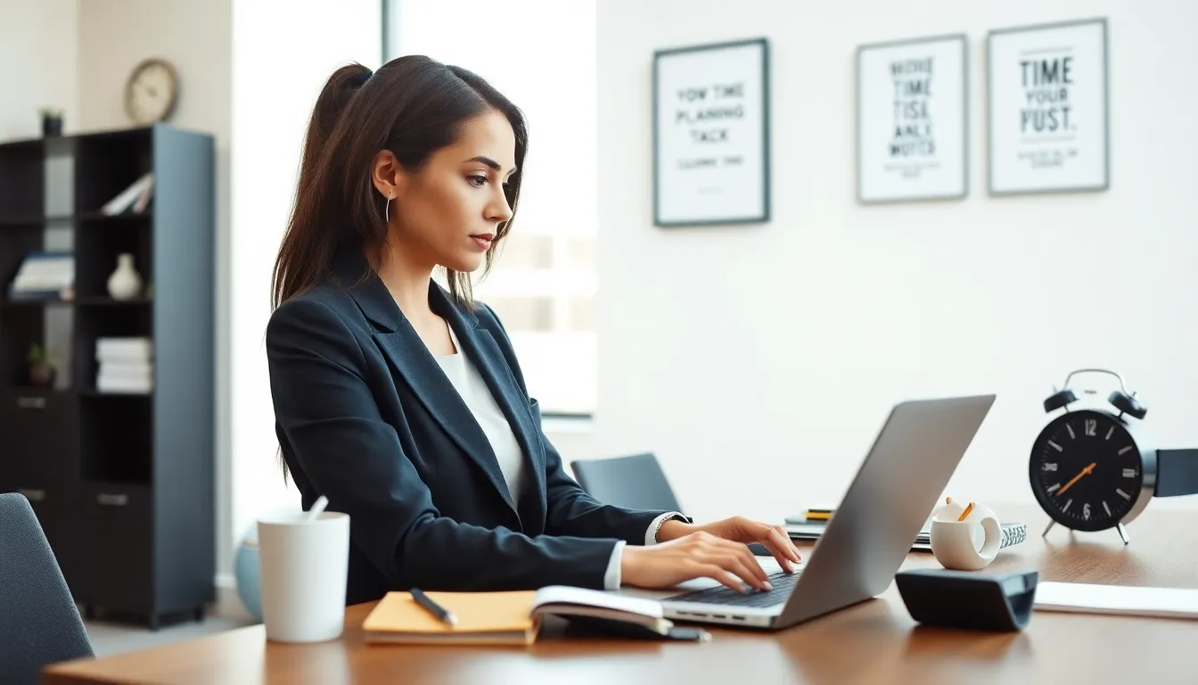 woman using a laptop in a modern office setting.