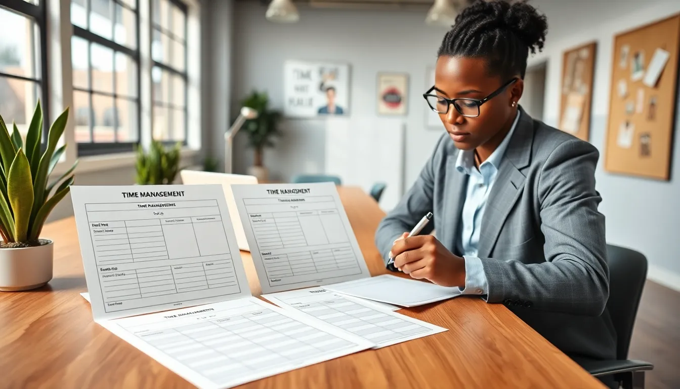 a professional reviewing time management worksheets at a modern desk.